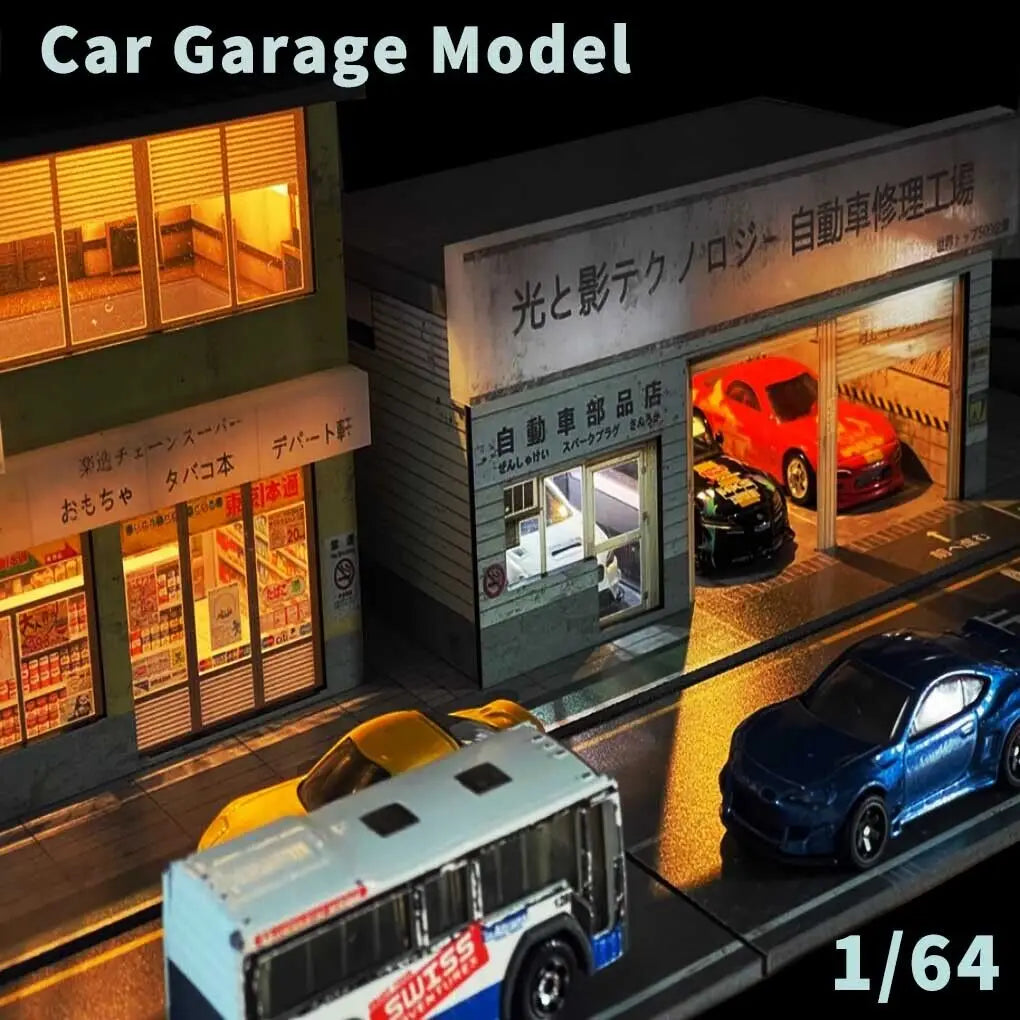 1/64 Diorama Car Garage Models LED Lighting City Street Coffee Shop Car Parking Lot Scene Display Model Gift