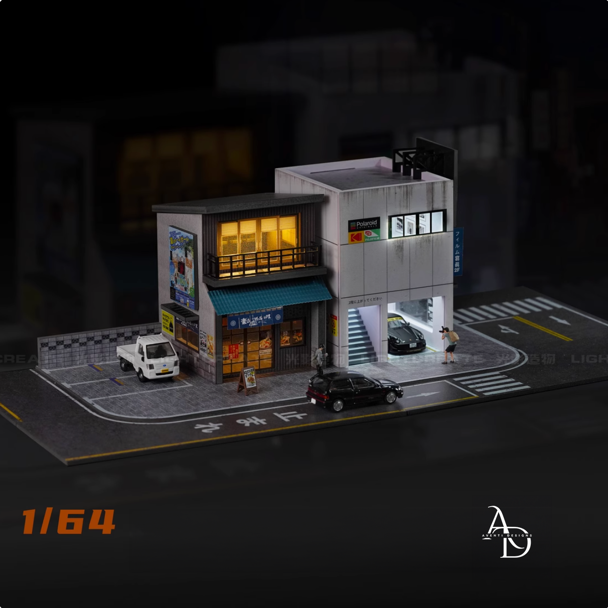 Aventi Designs Japanese Style Restaurant + Studio Store - 1/64 LED Diorama - Hot Wheels Display