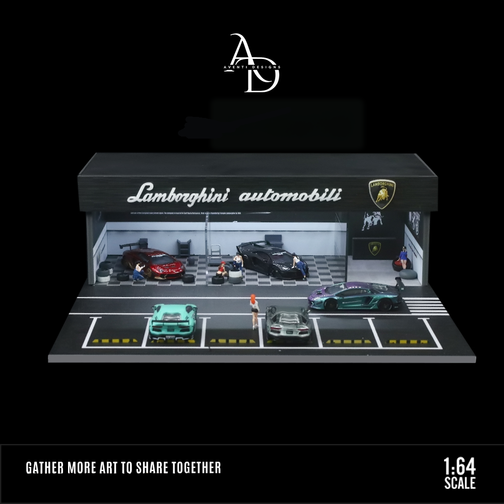 Aventi Designs Lamborghini Repair Shop - 1/64 LED Diorama - Hot Wheels Display