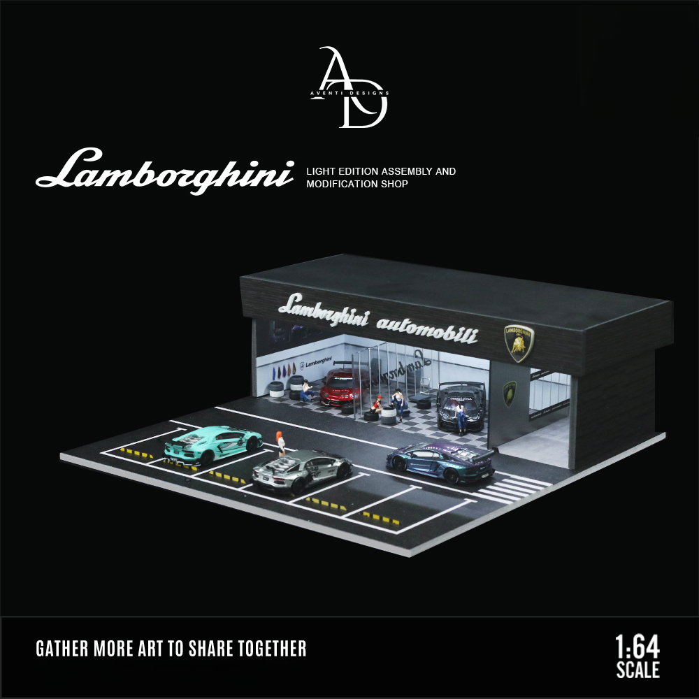 Aventi Designs Lamborghini Repair Shop - 1/64 LED Diorama - Hot Wheels Display