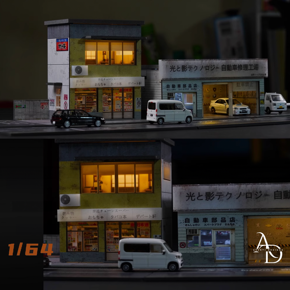 Aventi Designs Japanese Style Repair Shop + Corner Store - 1/64 LED Diorama - Hot Wheels Display