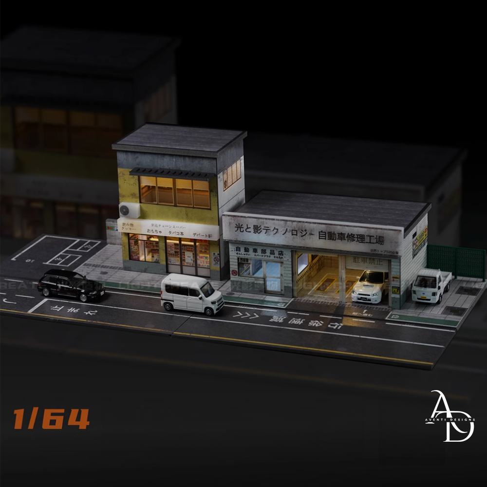 Aventi Designs Japanese Style Repair Shop + Corner Store - 1/64 LED Diorama - Hot Wheels Display