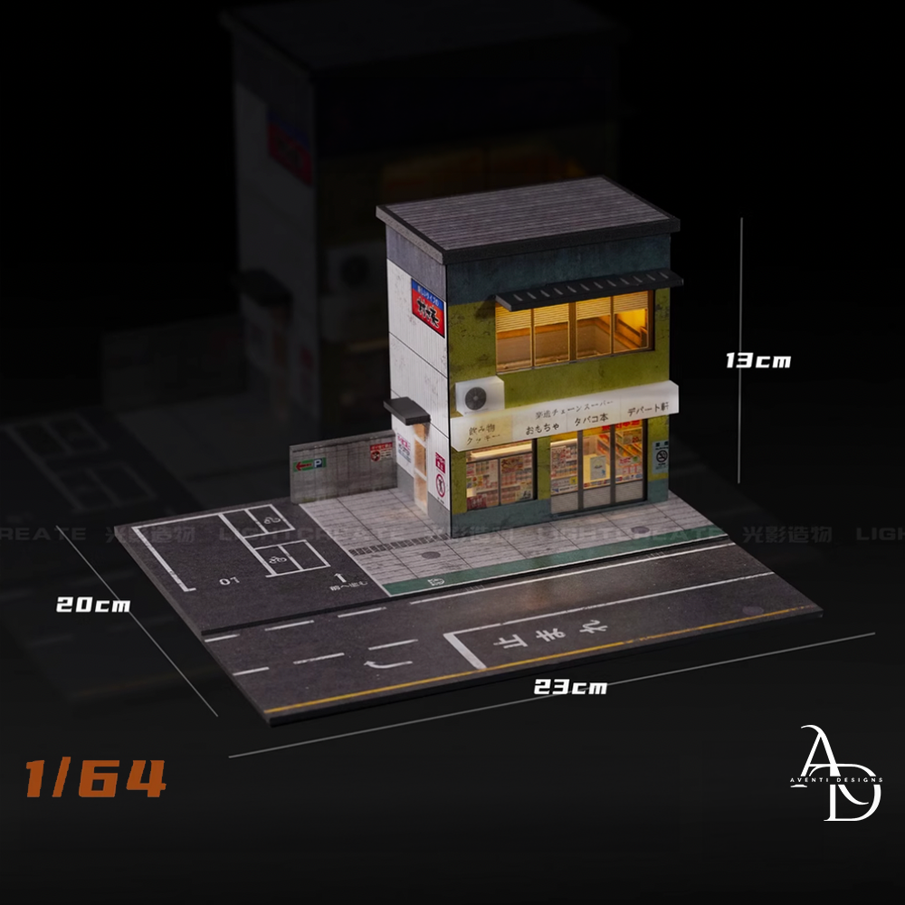Aventi Designs Japanese Style Repair Shop + Corner Store - 1/64 LED Diorama - Hot Wheels Display