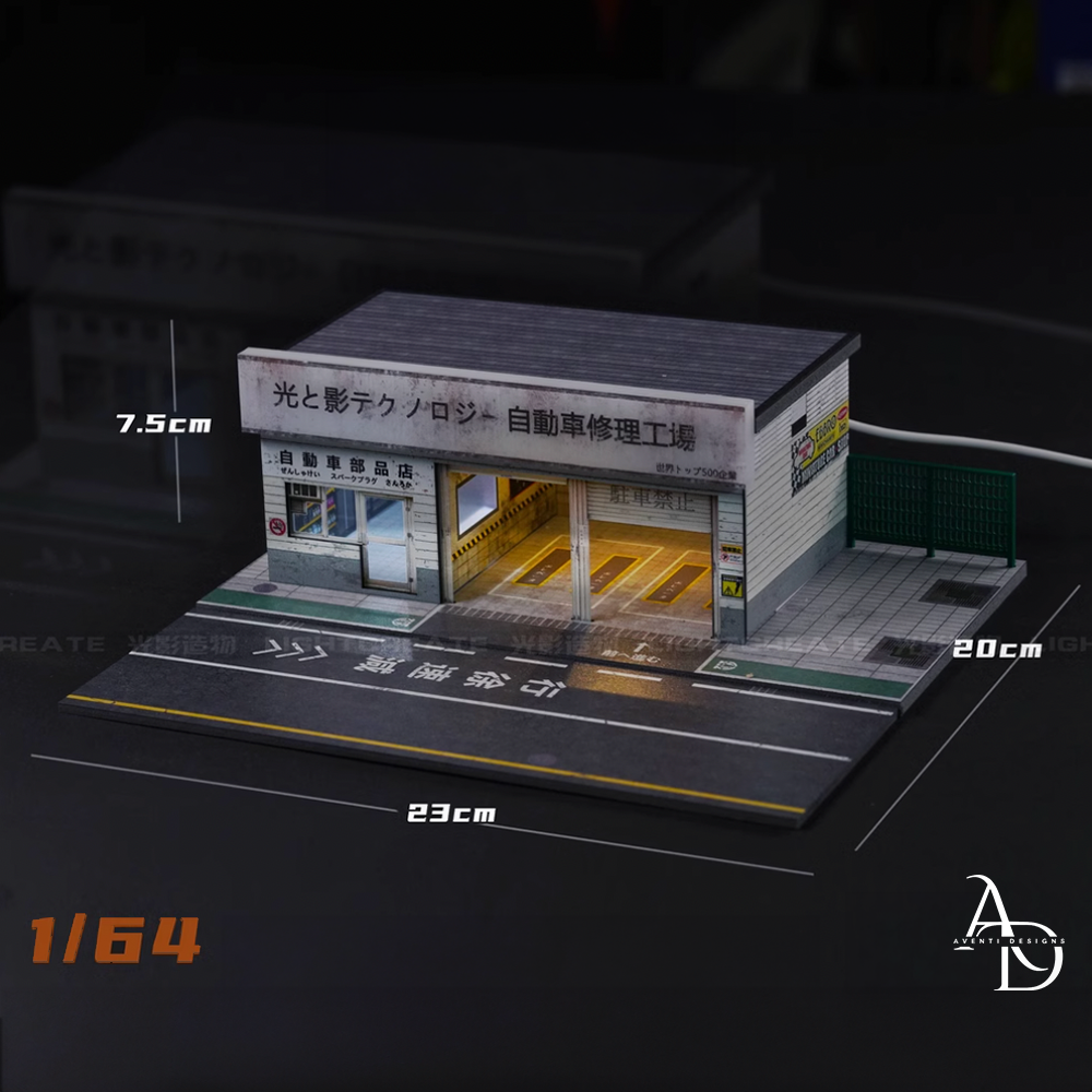 Aventi Designs Japanese Style Repair Shop + Corner Store - 1/64 LED Diorama - Hot Wheels Display